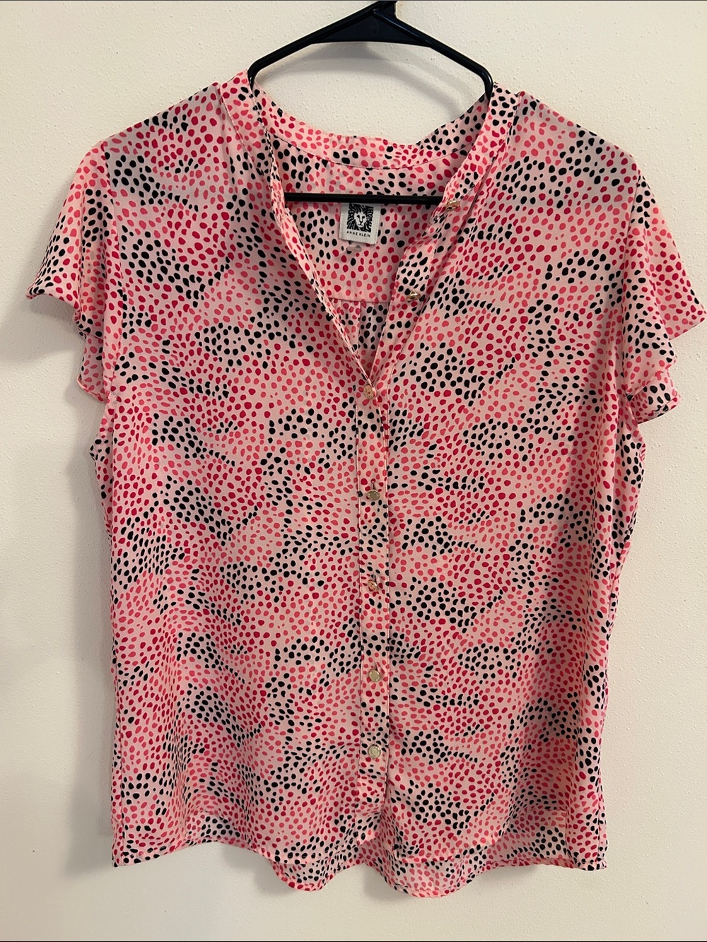 Anne Klein Pink and Black Dot Flutter-Sleeve Blouse